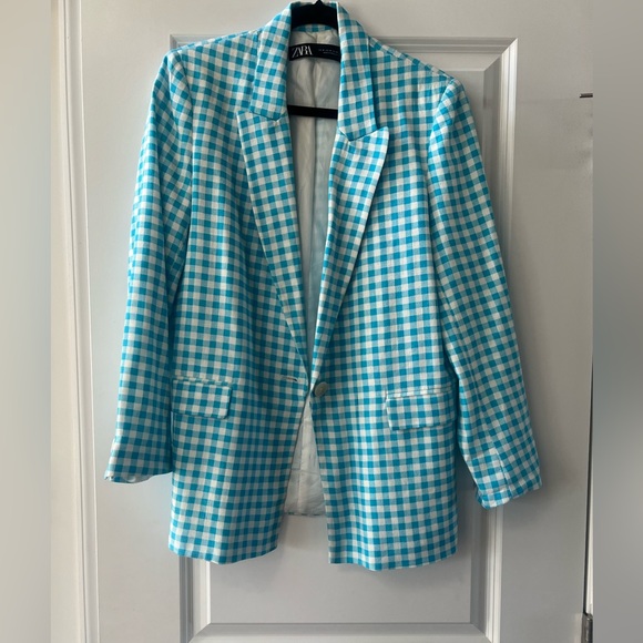 Zara Blue and White Sport Coat with Gingham Pattern - Picture 2 of 7